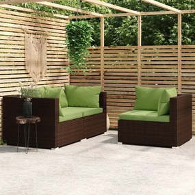 vidaXL 3-delige Loungeset met kussens poly rattan bruin