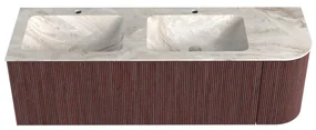 Mondiaz Kurve-dlux 145cm badmeubel ronding rechts ruby met 1 lade en deur en wastafel leaf dubbel/links 2 kraangaten frappe