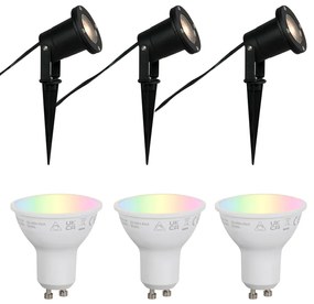 Buitenlamp Set van 3 smart tuinspots zwart incl. snoer en stekker 200cm IP65 - Basic Modern GU10 IP65 Buitenverlichting rond