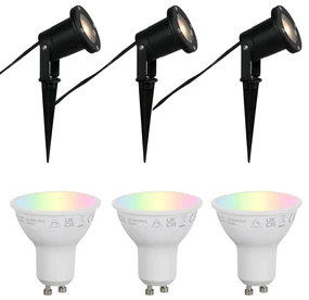 Buitenlamp Set van 3 smart tuinspots zwart incl. snoer en stekker 200cm IP65 - Basic Modern GU10 IP65 Buitenverlichting rond
