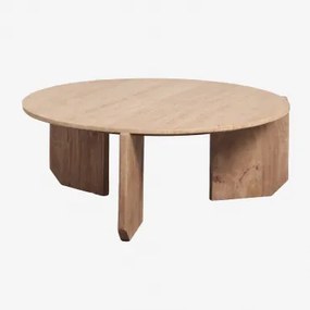 Ronde Salontafel Lavinia In Natuursteen En Mangohout Travertine & Natuurlijk Hout & Ø85 Cm - Sklum