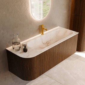 Mondiaz Kurve-dlux 125cm badmeubel ronding links dusk met 1 lade en deur en wastafel big medium kraangat rechts frappe