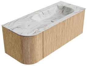 Mondiaz Kurve-dlux 115cm badmeubel ronding links oak met 1 lade en deur en wastafel big small rechts zonder kraangat glace