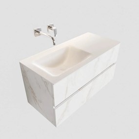 Zaro Valencia Solid Surface badmeubel 100cm wit marmer zonder kraangat spoelbak links met 2 lades