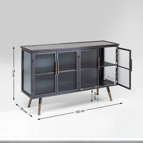 Kare Design Gomera Dressoir Zwart Met Ribbelglas - 120x35x75cm.