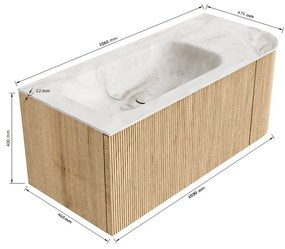 Mondiaz Kurve-dlux 105cm badmeubel ronding rechts oak met 1 lade en deur en wastafel big small links zonder kraangat ostra