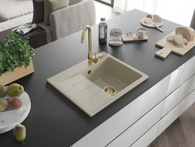 Mexen Ben granit gootsteen 1-kommer met afdruiprek, rechts 600 x 500 mm, beige, gouden sifon - 6523605000-69-G