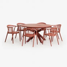 Set Van 145-200x145 Cm Ronde Uitschuifbare Tafel In Barces Aluminium En 6 Stapelbare Tuinstoelen Met Ivor Armleuningen Terracota - Sklum