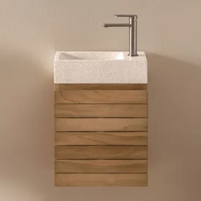 Conjunto Vaniteitmeubel Zwevend Van Teakhout Met Geïntegreerde Wasbak Van Napier-cement Teakhout & Spiegelloze & Geborsteld Grijs - Sklum