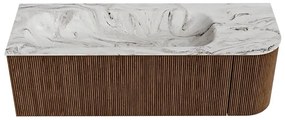 Mondiaz Kurve-dlux 135cm badmeubel ronding rechts walnut met 1 lade en deur en wastafel big medium links zonder kraangat glace