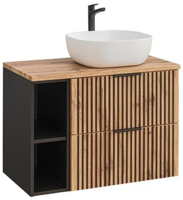 Comad Xilo Black Wotan FSC 80cm badkamermeubel met witte wastafel en kleine onderkast zwart/eiken