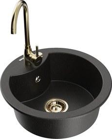 Mexen Diego granieten gootsteen 1-kamer met keukenkraan Telma, zwart/goud - 6512-75-670200-50