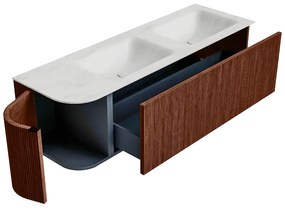 Mondiaz Kurve-dlux 145cm badmeubel ronding links ruby met 1 lade en deur en wastafel leaf dubbel/rechts 2 kraangaten opalo