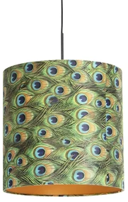 Stoffen Eettafel / Eetkamer Hanglamp met velours kap pauw met goud 40 cm - Combi Klassiek / Antiek E27 cilinder / rond rond Binnenverlichting Lamp