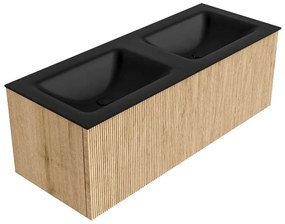 Mondiaz Kurve 120cm badmeubel oak met 1 lade en wastafel cloud dubbel 2 kraangaten urban