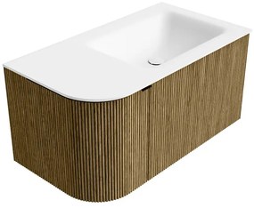 Mondiaz Kurve 85cm badmeubel ronding links dusk met 1 lade en deur en wastafel cloud rechts zonder kraangat