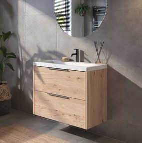 Saqu Lima ondiep badmeubel incl. glans witte wastafel 80x40x64cm naturel eiken – geborsteld zwarte greep