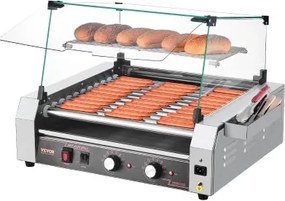 VEVOR Hotdog Grill Machine Hotdogs 11 rollen roestvrij staal, 2200 W, elektrische grill met deksel & 2 temperatuurregelaars & opbergbox aan de zijkant & uitneembaar rooster & lekbak