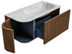 Mondiaz Kurve-dlux 95cm badmeubel ronding links walnut met 1 lade en deur en wastafel big small kraangat rechts glace