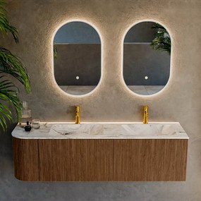 Mondiaz Kurve-dlux 155cm badmeubel ronding links walnut met 2 lades en 1 deur en wastafel leaf dubbel/rechts 2 kraangaten glace