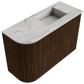 Mondiaz Joya DLux 60cm toiletmeubel ronding links walnut met wastafel faye rechts 1 kraangat glace