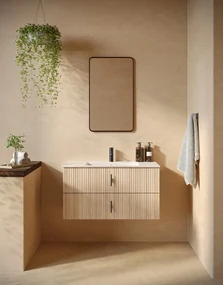 Muebles Marbella badmeubel ribbelfront 100cm naturel eiken met witte wastafel met kraangat