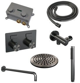 Brauer Gunmetal Edition thermostatische inbouw regendouche met staafhanddouche, gebogen muurarm en hoofddouche 20cm set 51 gunmetal geborsteld PVD