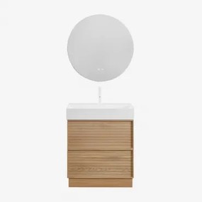 Jolene Houten Badkamermeubelset Met Geïntegreerde Wastafel Natuurlijk Hout & Round Led And Antifog Ø70 Cm Riben & Wit ↑20 - Sklum