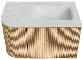 Mondiaz Kurve-dlux 75cm badmeubel ronding links oak met 1 lade en deur en wastafel grunne kraangat rechts opalo
