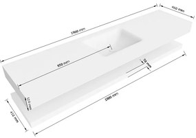Zaro Alan badmeubel 190cm met planchet talc en vrijhangende wastafel cloud midden zonder kraangat talc