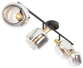 Plafondspot zwart met goud met smoke glas 4-lichts - Zuzanna