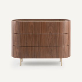 Notenhouten en met leer gefineerde ladekast met 3 laden, Aslen