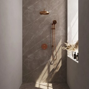Brauer Stripe inbouw regendouche rond met 25cm hoofddouche, rond met gebogen muurarm, glijstang en 3 standen handdouche set 47 koper geborsteld PVD