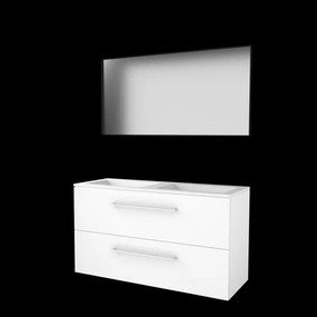 Basic-Line Framed 46 badkamermeubelset - 120x46cm - met grepen - 2 lades - acryl wastafel - 0 kraangaten - Spiegel - mat zwart aluminium frame - rondom - MDF lak Ice White 1814008