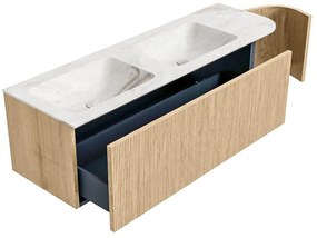 Mondiaz Kurve-dlux 145cm badmeubel ronding rechts oak met 1 lade en deur en wastafel leaf dubbel/links zonder kraangat frappe