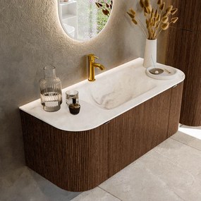 Mondiaz Kurve-dlux 110cm badmeubel ronding links/rechts walnut met 1 lade en 2 deuren en wastafel cloud midden 1 kraangat frappe