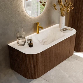 Mondiaz Kurve-dlux 110cm badmeubel ronding links/rechts walnut met 1 lade en 2 deuren en wastafel cloud midden 1 kraangat frappe