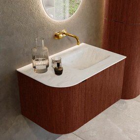 Mondiaz Kurve-dlux 75cm badmeubel ronding links ruby met 1 lade en deur en wastafel grunne rechts zonder kraangat opalo