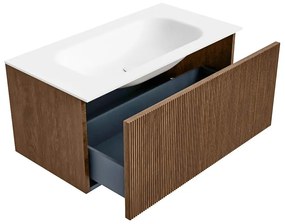 Mondiaz Kurve 90cm badmeubel walnut met 1 lade en wastafel big small midden 1 kraangat