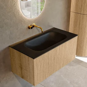 Mondiaz Kurve 90cm badmeubel oak met 1 lade en wastafel big small midden zonder kraangat urban