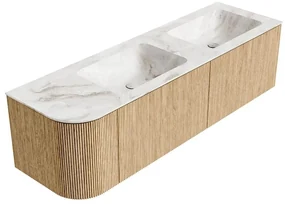 Mondiaz Kurve-dlux 155cm badmeubel ronding links oak met 2 lades en 1 deur en wastafel leaf dubbel/rechts zonder kraangat frappe