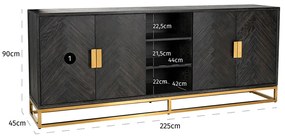 Richmond Interiors Blackbone Gold Groot Dressoir Zwarte Visgraat Met Goud - 225x45x90cm.