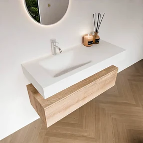 Zaro Alan badmeubel 110cm washed oak 1 lade met vrijhangende wastafel cloud links 1 kraangat talc