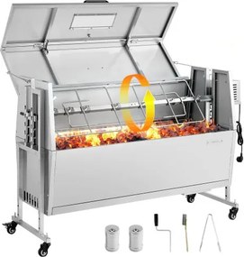 VEVOR Lamsgrill 38 W 60 kg 1168,4 mm Draaispit Grill voor Speenvarkens, Roestvrij Staal, voor Tuin en Terras, 4 Hoogte-instellingen, Vergrendelbare Wielen, Inclusief Grilltang, Opklapbare Dekselbeschermer, Borstel en Kruidenbakje