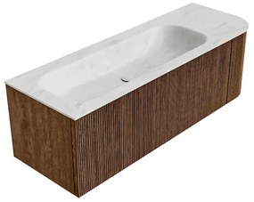 Mondiaz Kurve-dlux 135cm badmeubel ronding rechts walnut met 1 lade en deur en wastafel big medium kraangat links opalo