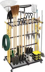 VEVOR Tuingereedschapsrek 920x560x1010mm Gereedschapshouder met wielen Zwart, Opbergrek voor garage, schuur of tuin, Stalen organizer voor bezems, dweilen en harken, 2-in-1 met sleuven en klemsysteem