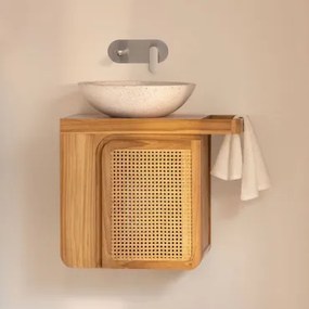 Georgy Zwevend Badkamermeubelset 60x40 Cm In Teakhout Teakhout & Rond Cement Wit Ø40 Cm Zavion & Spiegelloze & Geborsteld Grijs Ingebed Met Aftapkraan