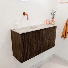 Mondiaz Joya DLux 80cm toiletmeubel ronding rechts walnut met wastafel faye links zonder kraangat ostra