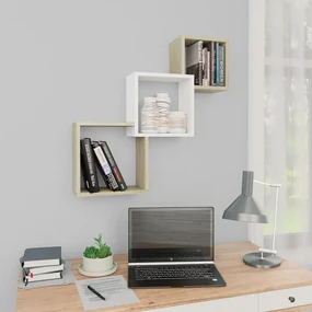 vidaXL Wandschappen kubus 84,5x15x27 cm spaanplaat wit en sonoma eiken