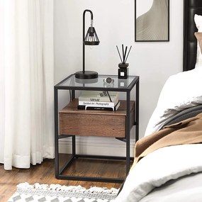 Nancy's Pullman Bijzettafel Met Glasplaat - Nachtkastje met Lade - Nachtkastjes - Industrieel - 43 x 43 x 54 cm